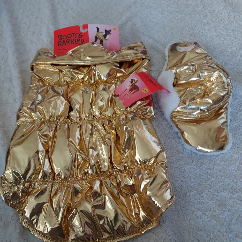 Boots & Barkley XL Stylish Gold Dog Vest Coat and Trapper Hat Outfit Fancy